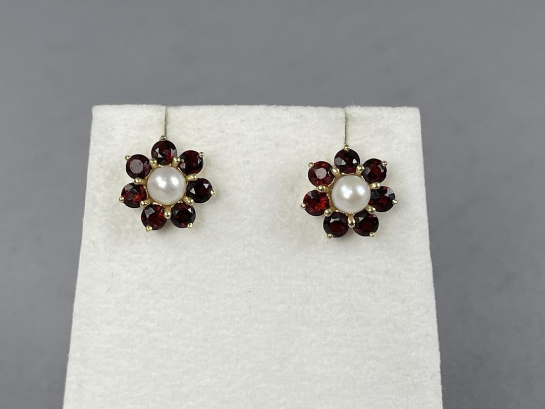 14K Yellow Gold Garnet Cultured Pearl Earrings: Stamped 14K MEX1.92 grams total weight