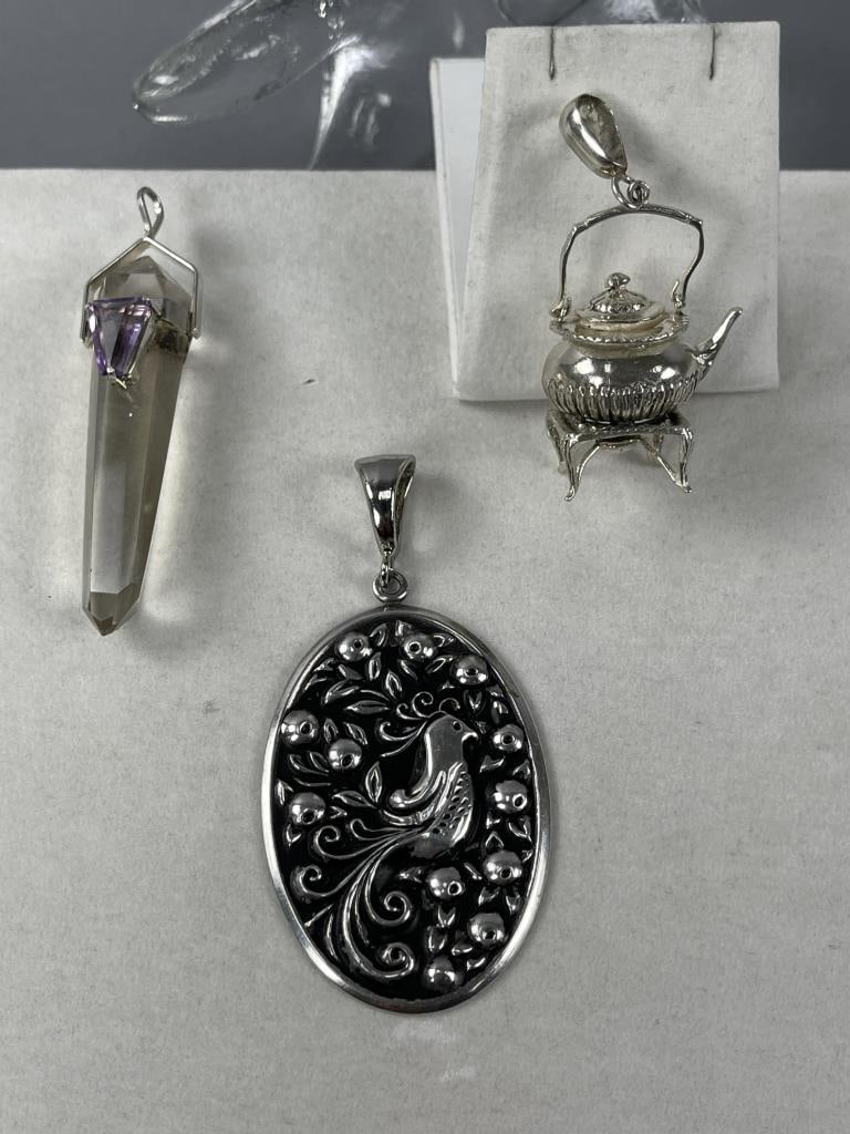 3 Silver Charm Pendant Amethyst, Bird, Tea Pot (1 of 6)