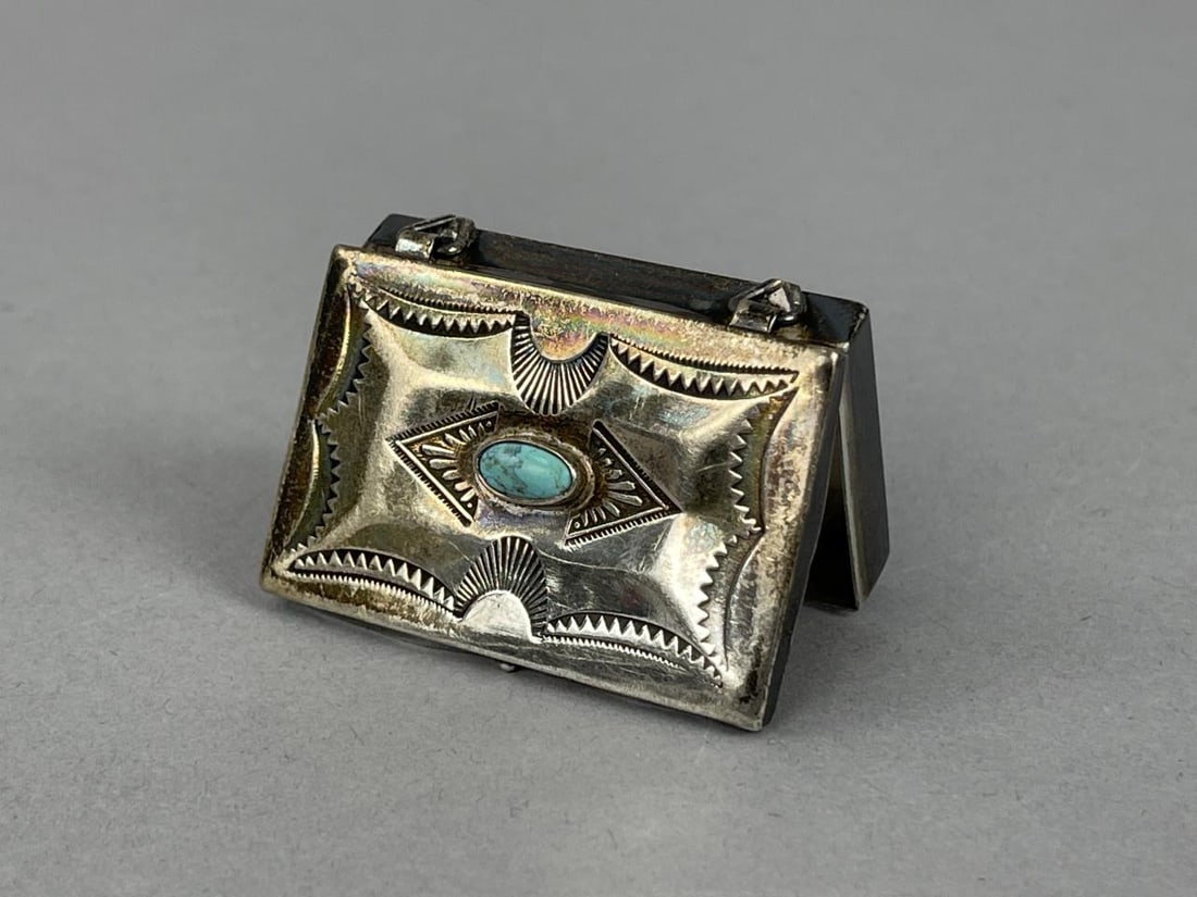 Sterling Silver Native Turquoise Trinket Pill Box: Native American handmade silver box.1 1/2'' x 1'' x 1/4''13.62 grams total weight Marked scu inside