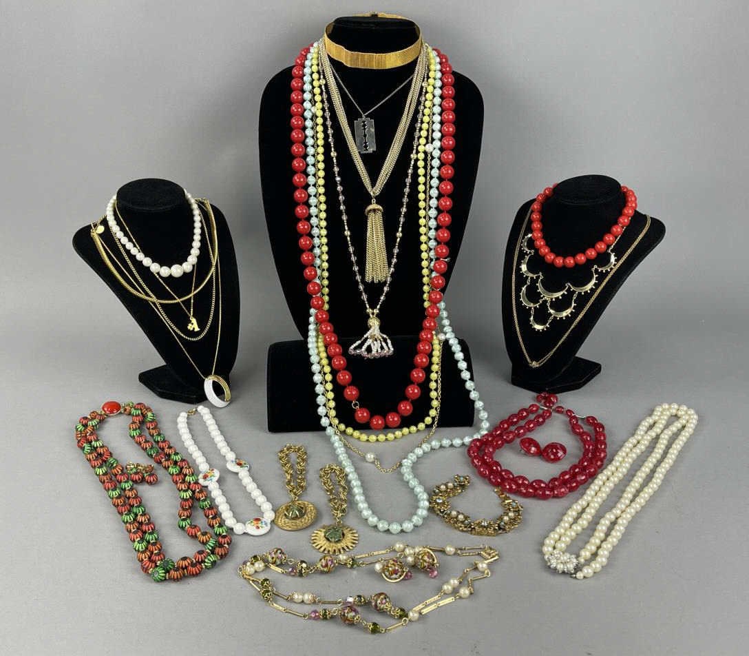 Costume Jewelry Necklaces, Bracelets, Charms: Gold tone costume jewelry. Some marked BSK, West Germany. Necklace and earring sets.Longest necklace is 78'' light blue beaded