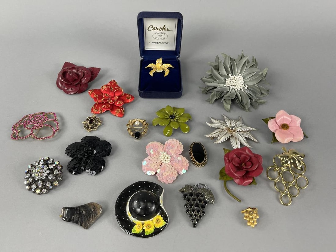 Flower Brooches, Gold and Silver Tone Pins: Carolee, Trifari.Leather, rhinestones, sequins, fabric