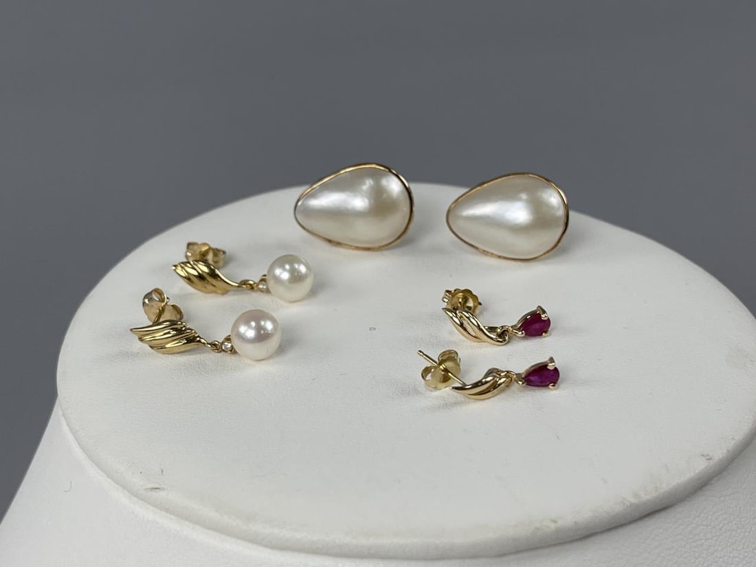 3 Pair 14K Earrings Ruby, Pearl & Mother of Pearl (1 of 3)