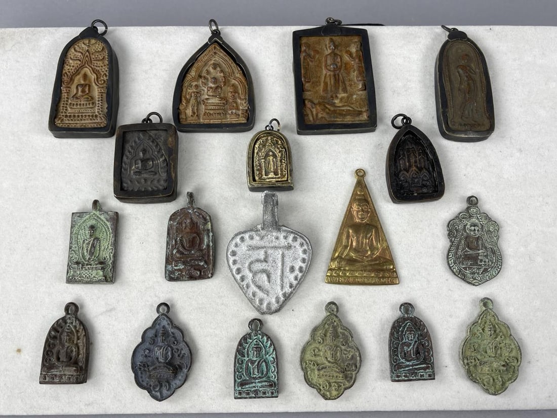 Thai Buddha Clay Amulets Pendants: Largest charm is 1. 1/2'' x 2 1/4'', smallest is 3/4'' x 1 1/4''