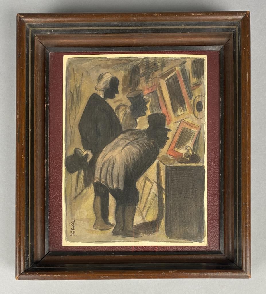 Painting in the Manner of Honore Daumier: Charcoal and watercolor painting, in the manner of Honore Daumier, depicting three art collectors inspecting art in a gallery. Unknown artist monogram in lower left corner. Float mounted in a 14" x 16
