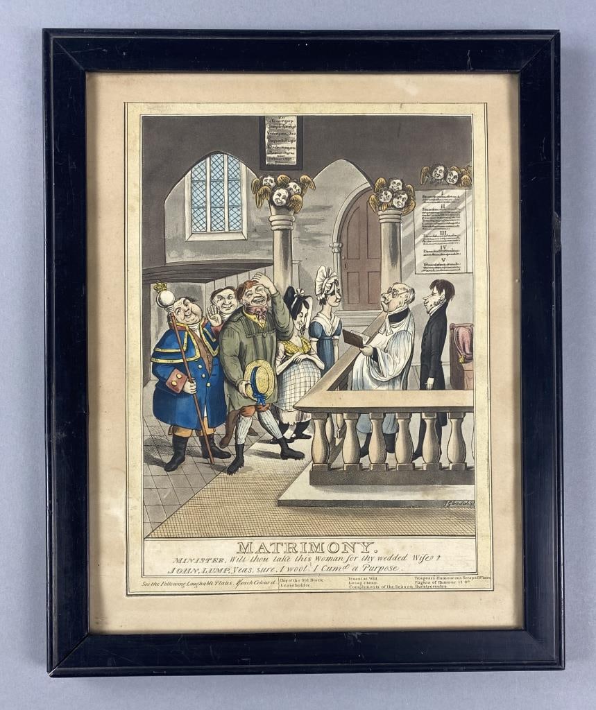 Antique 19th C. Joseph Gleadah Matrimony Engraving: Antique 19th century, framed hand coloured, satirical caricature, copper plate engraving by Joesph Gleadah (1792 - 1878) titled "Matrimony." Engraving is 9" x 12", frame is 12-1/2" x 15-5/8". From the