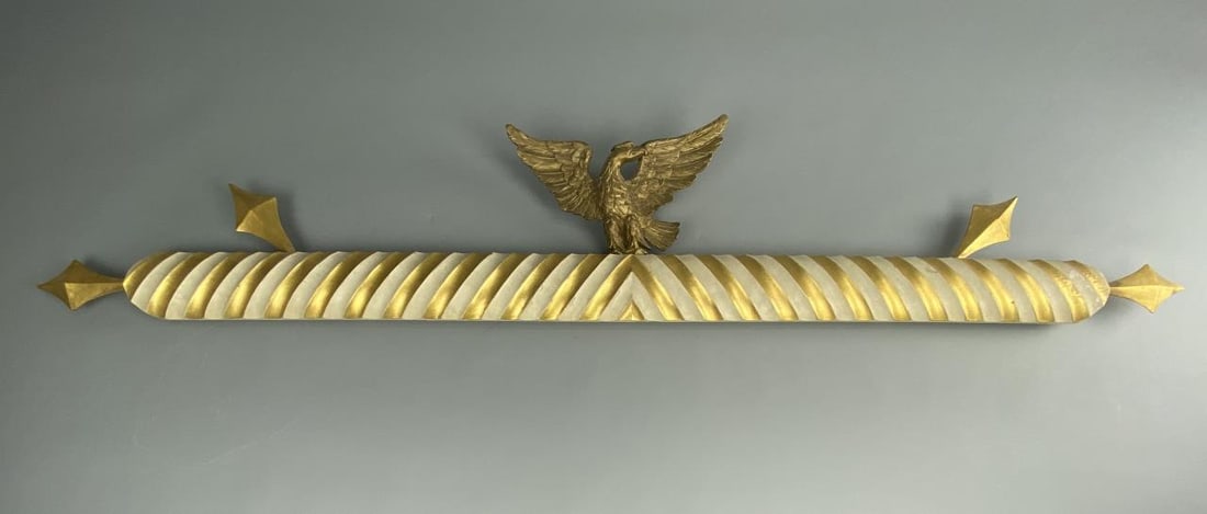 Federal Period Giltwood Eagle Valance, Baltimore: Federal period wooden valance circa early 19th century. We are told by the previous owner that it was originally from Baltimore, Maryland. Length 69",