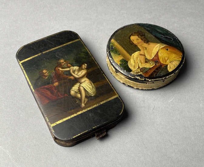 Papier Mache Snuff Box & Cigar Case 19th Century: Antique paper mache tobacciana. Lidded snuff box with a hand painted portrait of a lady, most probably English, 3-3/8" in diameter. Cigar or cheroot case, with hand painted scene with female nude, and