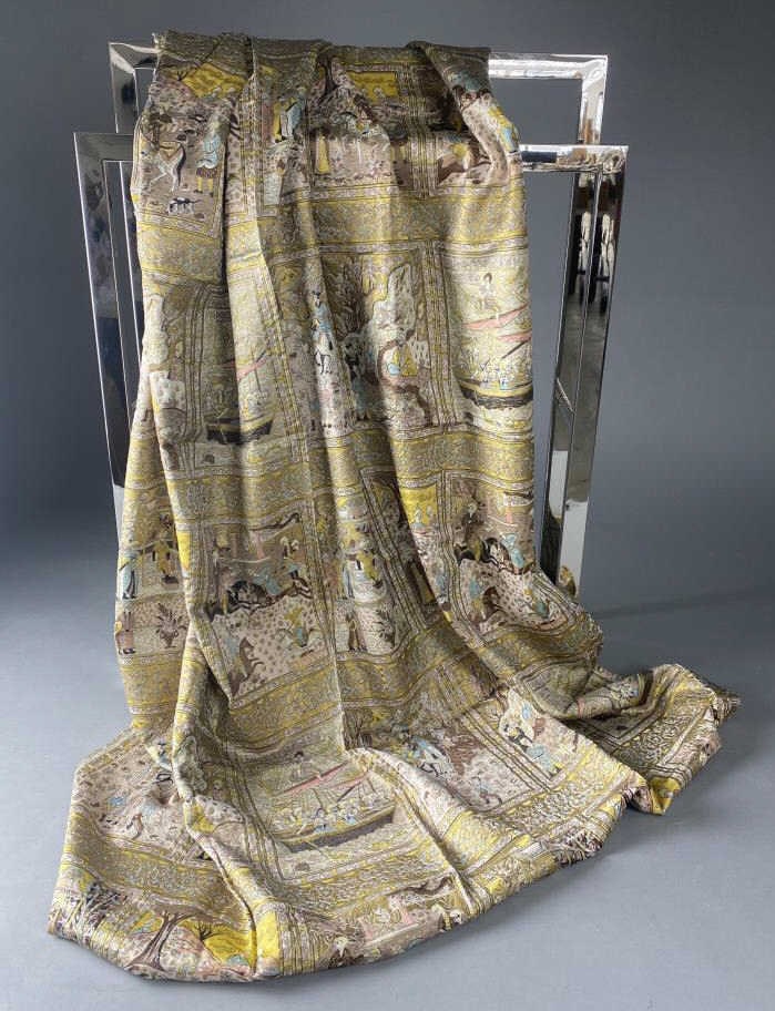 1950s Persian Folklore Printed Sateen Fabric: Printed Persian folklore inspired sateen type fabric, marked on salvage , "A CoFabCo Guaranteed Vat Print," possibly a cotton rayon blend, pink, turquoise, brown, cream, yellow, and metallic gold, cir