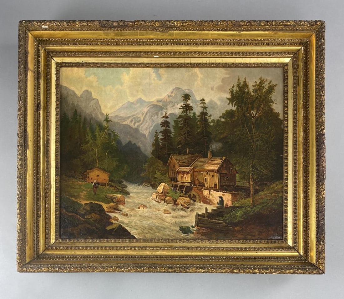 19th C. Oil Painting Romanticized Mountain Scene (1 of 8)