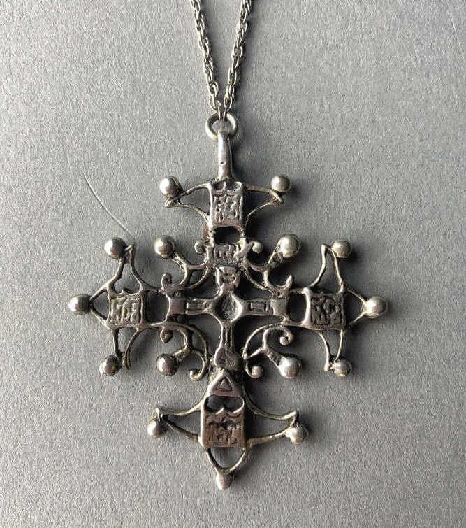Silver Byzantine Cross on Chain: 2-1/4" Silver Byzantine cross on 15" chain, 21 grams total weight. From the collection of Phillip Siebert. SHIPPING: In-House Shipping A