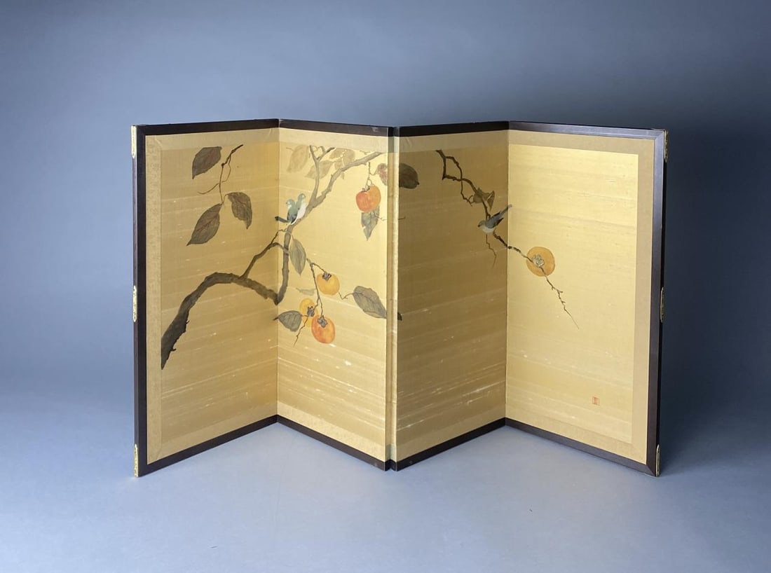 Japanese Byobu Signed Painted Silk Folding Screen (1 of 12)