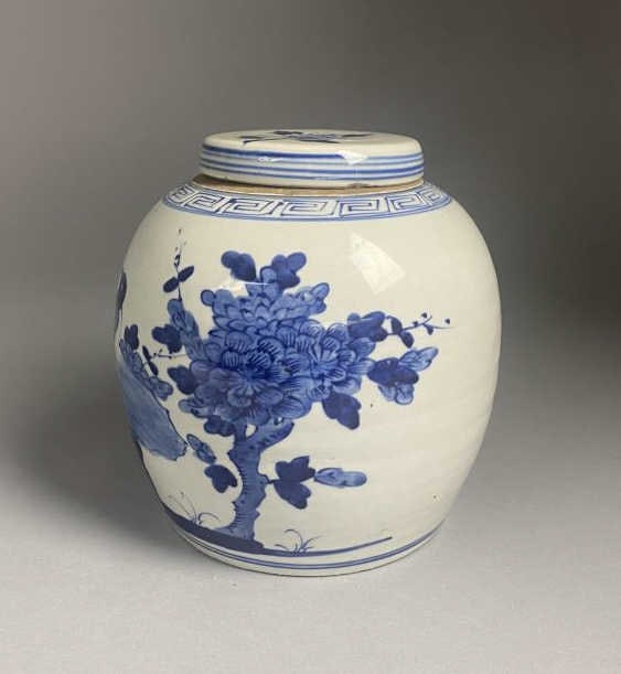 Chinese Blue and White Porcelain Ginger Jar: Chinese blue and white porcelain ginger jar with floral and bird decoration. The jar is 8-3/4" tall. SHIPPING: In-House Shipping Availab