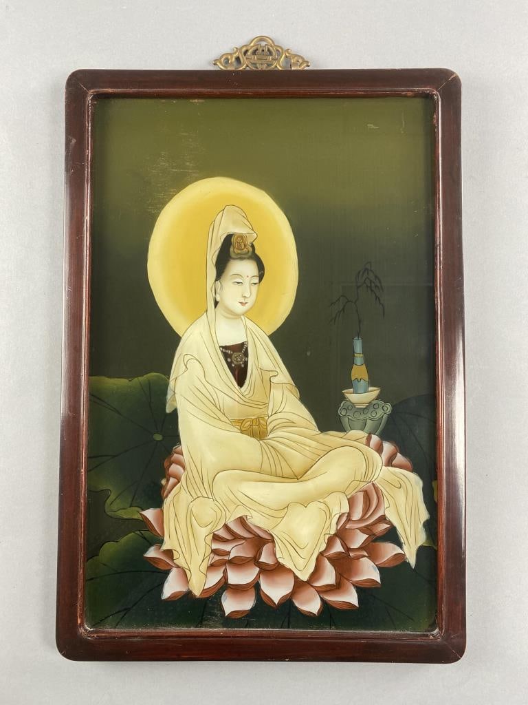 Chinese Reverse Painted Glass Guayin Bodhisattva: Original reverse painted on glass image in wood with brass frame. Framed size 20-1/4" x 13-7/8". SHIPPING: In-House Shipping Available on