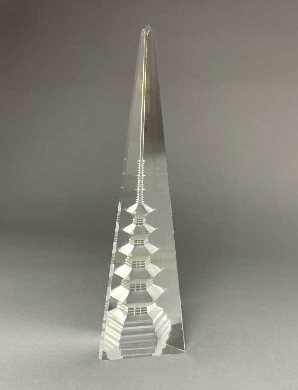 Hoya Reverse Cut Glass Obelisk Pagoda: Reverse cut clear glass crystal obelisk pagoda, attributed to Hoya (Japan), unmarked, 11-7/8" tall. SHIPPING: In-House Shipping Availabl
