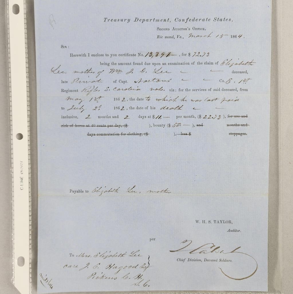 Deceased Soldier's Payout From Confederate States: Treasury Department, Confederate States dated March 15, 1864 discussing last pay and bounty for a Private William J.D. Lee Co. E 1st South Carolina Rifles (Orr's Regt) - William was 18 at enlistment a