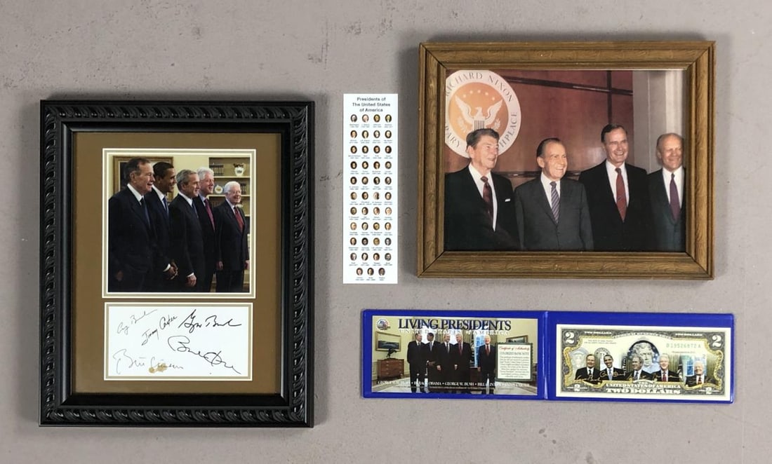 Framed Presidentia Images / Living Presidents Bill: Framed picture of Regan, Nixon, Bush, Ford...measures 10.5" x 8.5". Framed image of Bush Sr., Bush Jr., Obama, Clinton and Carter with signatures (they have not been authenticated), some damage under