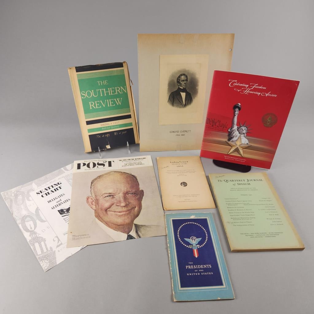 Vintage Political & Presidential Ephemera: "The Southern Review" Spring 1937, "The Presidents of the United States" with stamps: copy right 1946, antique print of Edward Everett who was governor of Massachusetts, and other vintage pamphlets.