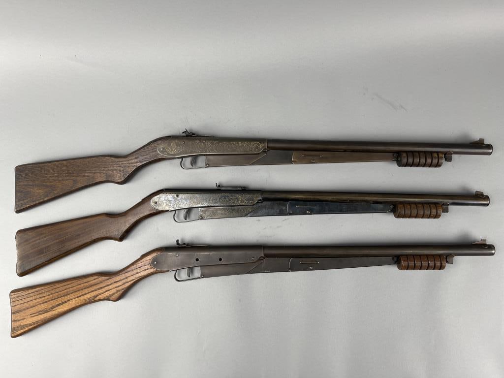 3 - Daisy No. 25 Pump Action Pistol Grip BB Rifles: Pre-registry Daisy No. 25 made in Plymouth, MI. Small take down screw, 6 groove pump handle, small rear sight, welded barrel anchor, groove butt stock, reinforcing tang, engraved receiver. Appx. 37''