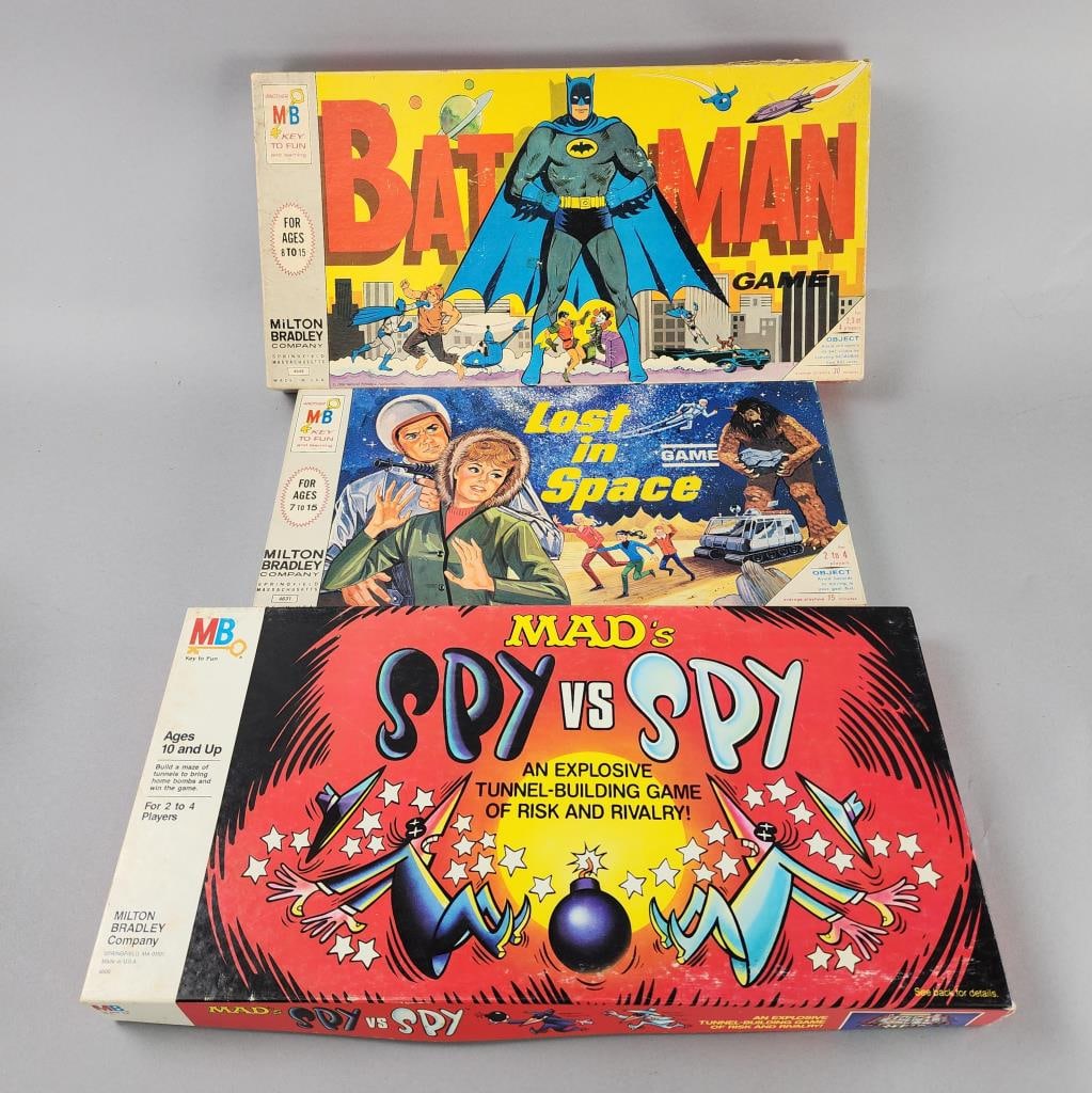 Milton Bradley Batman, Spy vs Spy, Lost in Space: Milton Bradley 4648 The Batman Game, looks like it has most to all pieces, box has some wear and tears.Milton Bradley 4600 MAD's Spy vs Spy board game, all pieces are there.Milton Bradley 4631 Lost in