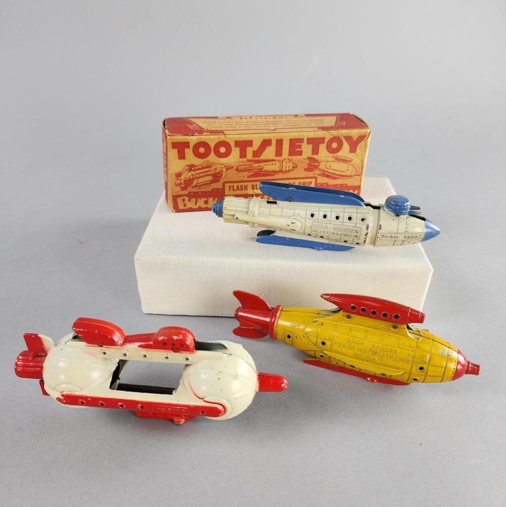 3 Buck Rogers 25th Century Tootsie Toys: Flash Blast Attack Ship with string and box, TS 310 2Battlecruiser TSDM 3030 Venus Duo-Destroyer MK 24 LAll measure 5" long