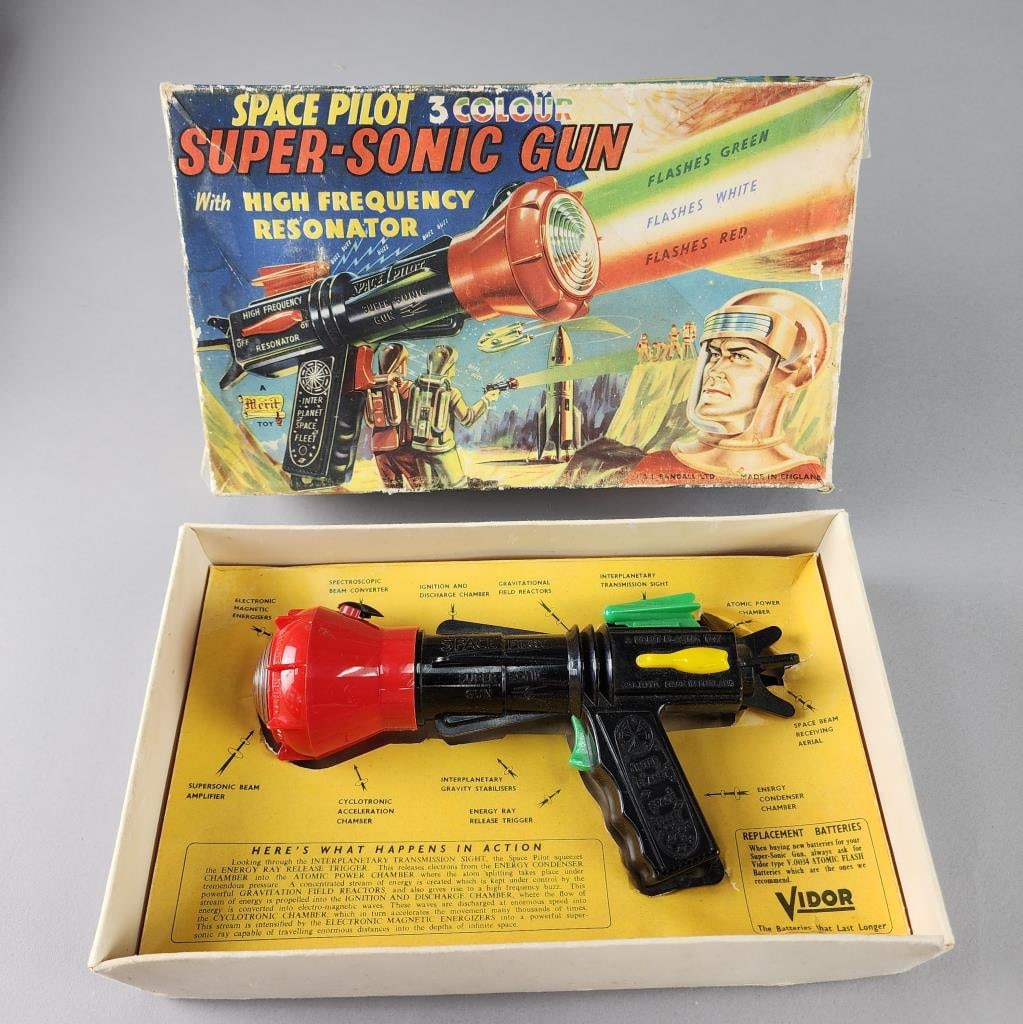 Vidor Space Pilot Super-Sonic Battery Operated Gun: A Merit Toy Made in England in original box. Box measures 11.25" X 6.75" X 2.5".