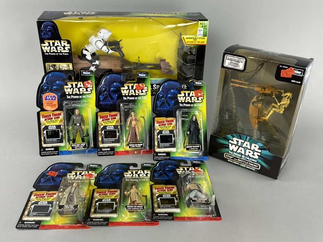 Kenner Star Wars The Power of the Force Toys NIB: 1997 & 1998 Hasbro Kenner Collections.Star Wars The Power of the Force Radio Control Imperial Speed Bike factory sealed.Asst.No. 69570/No. 69714 Princess Leia Organa Ewok CelebrationAsst No. 69570/No.