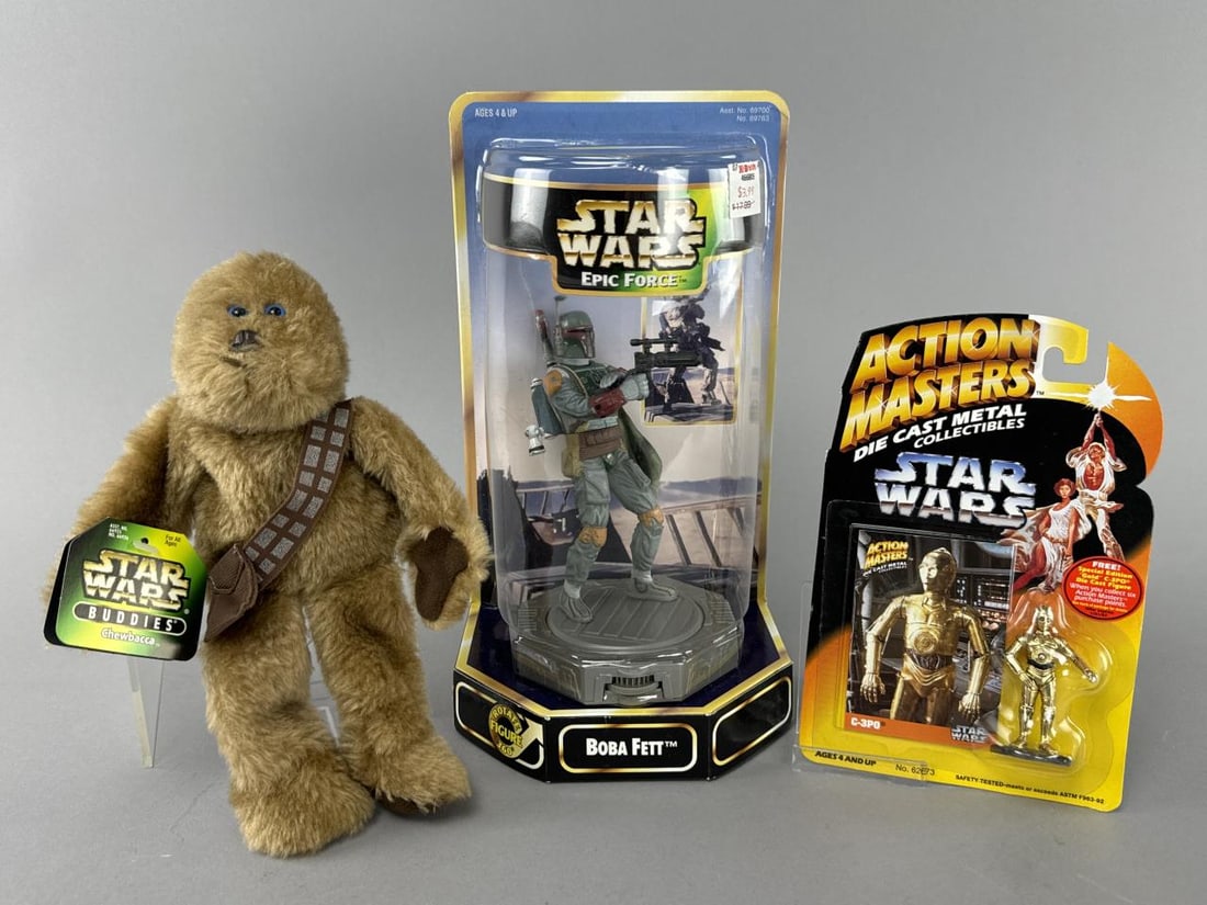 Hasbro Kenner Star Wars Collectible Figures NIP: 1997 Kenner Collection Asst.No 69700 No. 69763 Star Wars Epic Force Boba Fett1994 Kenner No. 62673 Action Masters Die Cast Metal Collectibles C-3PO1997 Kenner Asst No. 66925 No. 66926 Star Wars Buddie