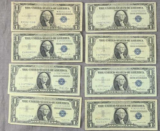 (8) 1957 A, C, D, E, F Series $1.00 Silver Cert (1 of 2)