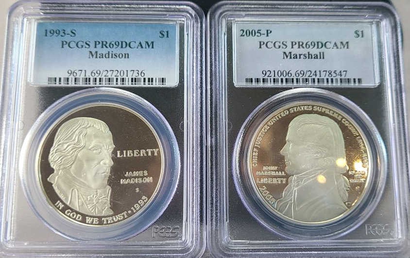 2pcs. Commemorative Proof Silver Dollars: 1993-S President James Madison 2005-S Justice John Marshall Both PCGS PR69 Deep Cameo