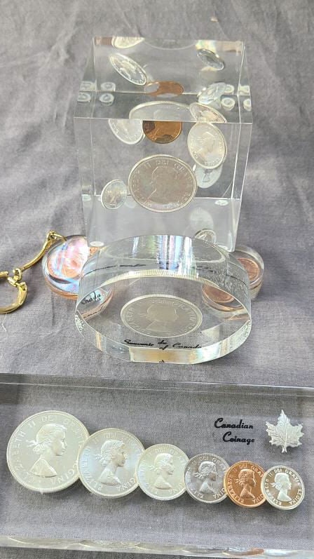 1960's Canadian Coins Incased in Lucite Includes: 3 paper weights, Key Chain & Encased Pennies