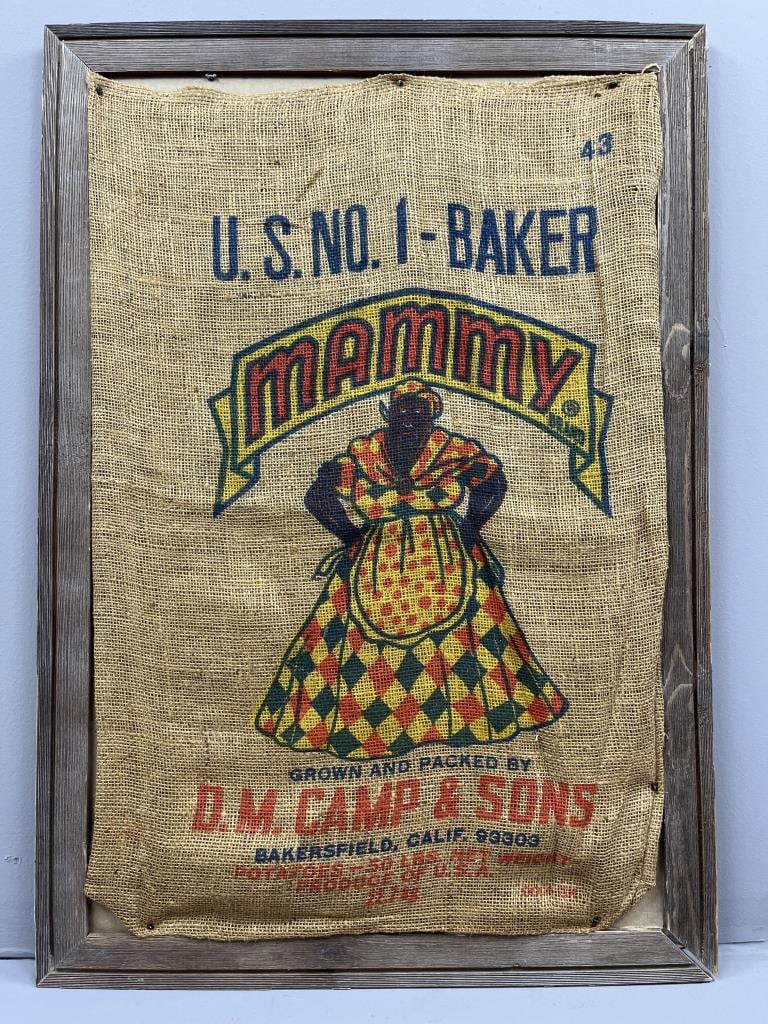 Vintage Black Americana "Mammy" Brand Potato Sack: Vintage Black Americana "Mammy" brand potato burlap sack, framed, 23" x 33-1/4", bottom right corner of frame damaged.