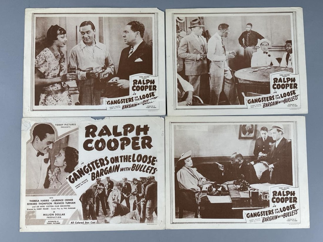 Gangsters on the Loose Black Film Lobby Cards 1937: Four lobby cards for the 1937 Black film, "Gangsters on the Loose", from Toddy Pictures, 11" x 14", some pinholes at corners, tear and tape scar at the top of one, and a small part of a corner missing