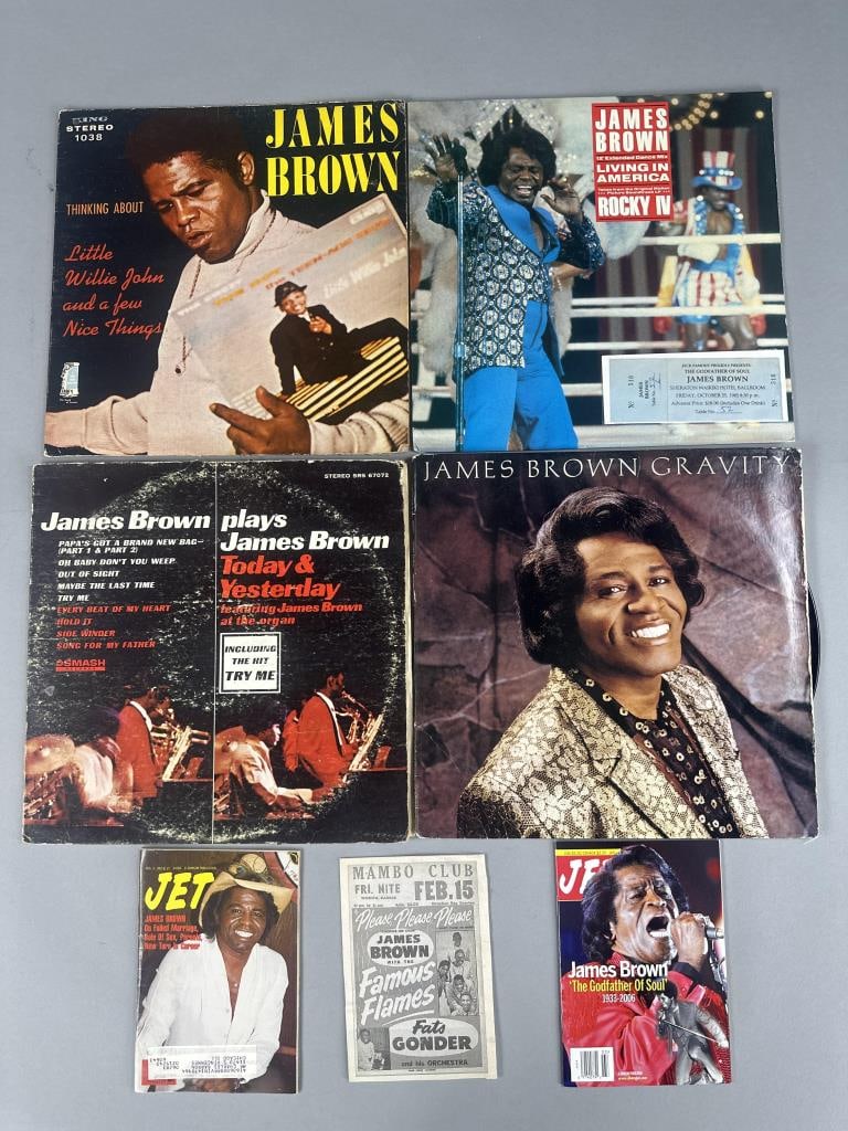 James Brown Vinyl Records, Jet Mags & Bonus Sleeve: 3 James Brown records, "James Brown Plays James Brown: Today & Yesterday", "James Brown Gravity", & "James Brown Living in America", 12" extended dance mix taken from the original soundtrack of Rocky
