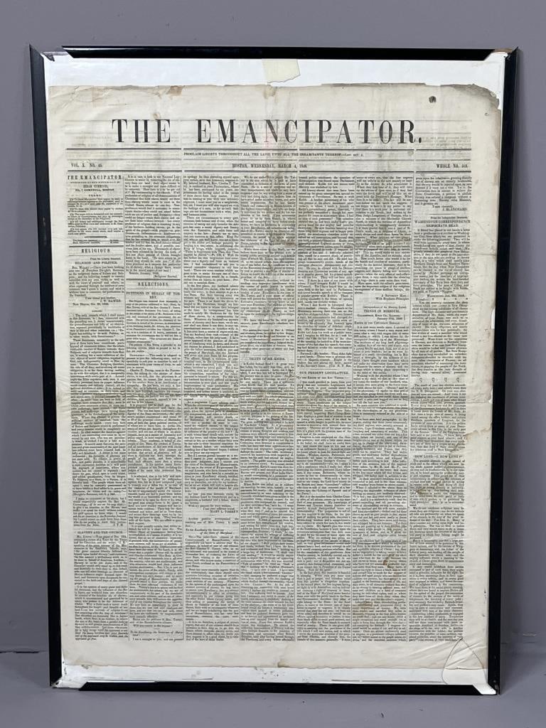 The Emancipator, 1846 Anti-Slavery Newspaper: The Emancipator, March 4, 1846, Publisher Hiram Cummings, featuring an article on slavery and the church, and petitions on behalf of Charles T. Torrey, arrested for aiding in slave escape.
