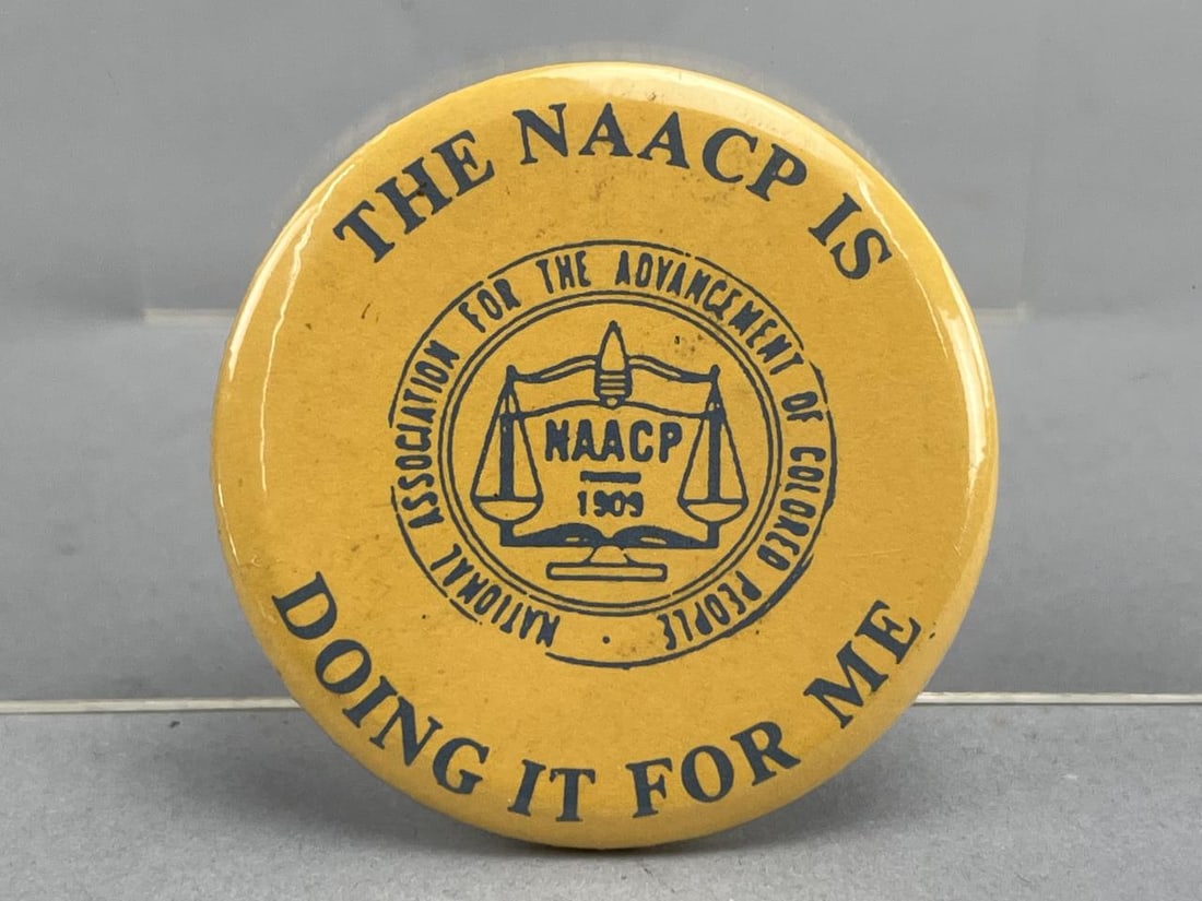 NAACP Political Button Pin "Doing It For Me": NAACP political pinback button, or pin, "Doing It For Me", 2-1/8" D, residue from a previous sticker on backside.