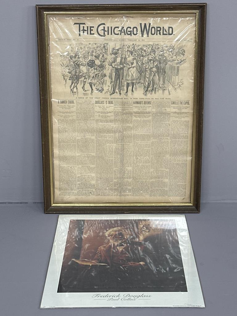 Chicago World Frederick Douglass Obituary 1895: Framed Chicago World Newspaper (26" H x 20" W) Sunday, February 24, 1895, with front page death announcement of Frederick Douglass, "The Colored Orator and Statesman Passes Away Without Warning", and 