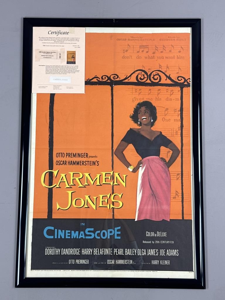 1954 Carmen Jones Movie Poster: 1954 "Carmen Jones" movie poster, starring Harry Belafonte, Dorothy Dandridge, Pearl Bailey, and Diahann Carroll, with certificate of authenticity. Poster is 41" H x 27" W