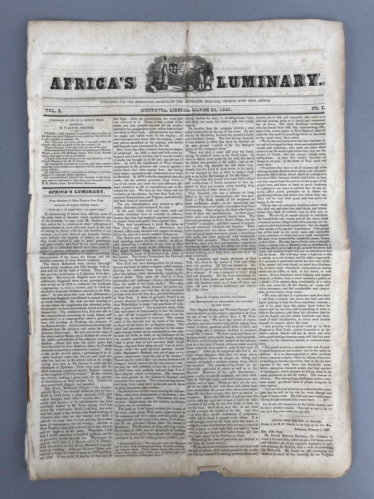 Africa's Luminary Newspaper March 20,1840: Africa's Luminary, March 20, 1840, Volume 2, Number 1, Newspaper published for the Missionary Society of the Methodist Episcopal Church, in Monrovia, Liberia.