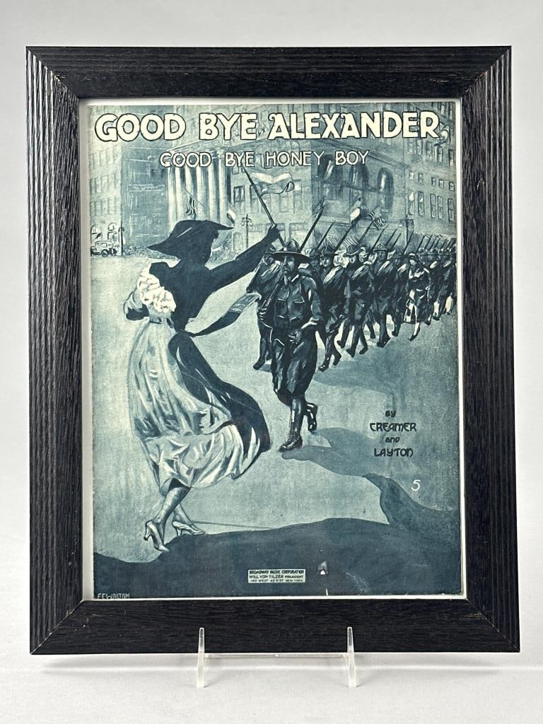"Good Bye Alexander" Framed 1918 Sheet Music: Framed "Good Bye Alexander" sheet music, by Creamer and Layton, 1918, 12-1/4" x 15-1/4". SHIPPI