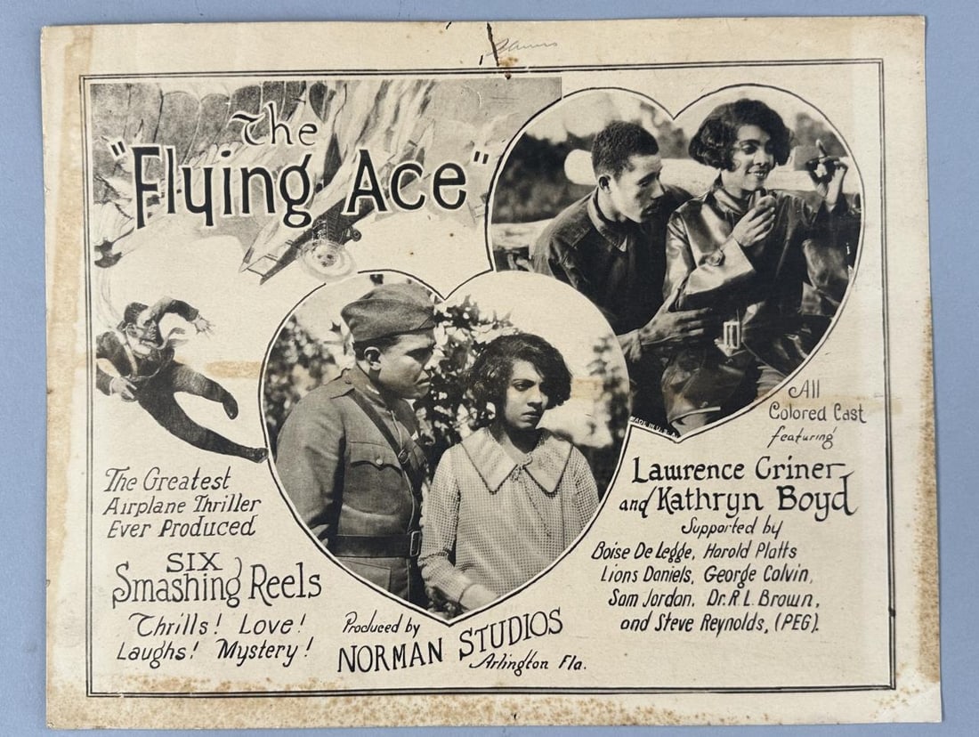 Flying Ace Black Silent Film Lobby Card 1926: Lobby card from the 1926 Black silent era film, "Flying Ace," also known at the time as a "Race film" or a "Colored film," produced by Norman Studios, also known as Norman Film Manufacturing Company o