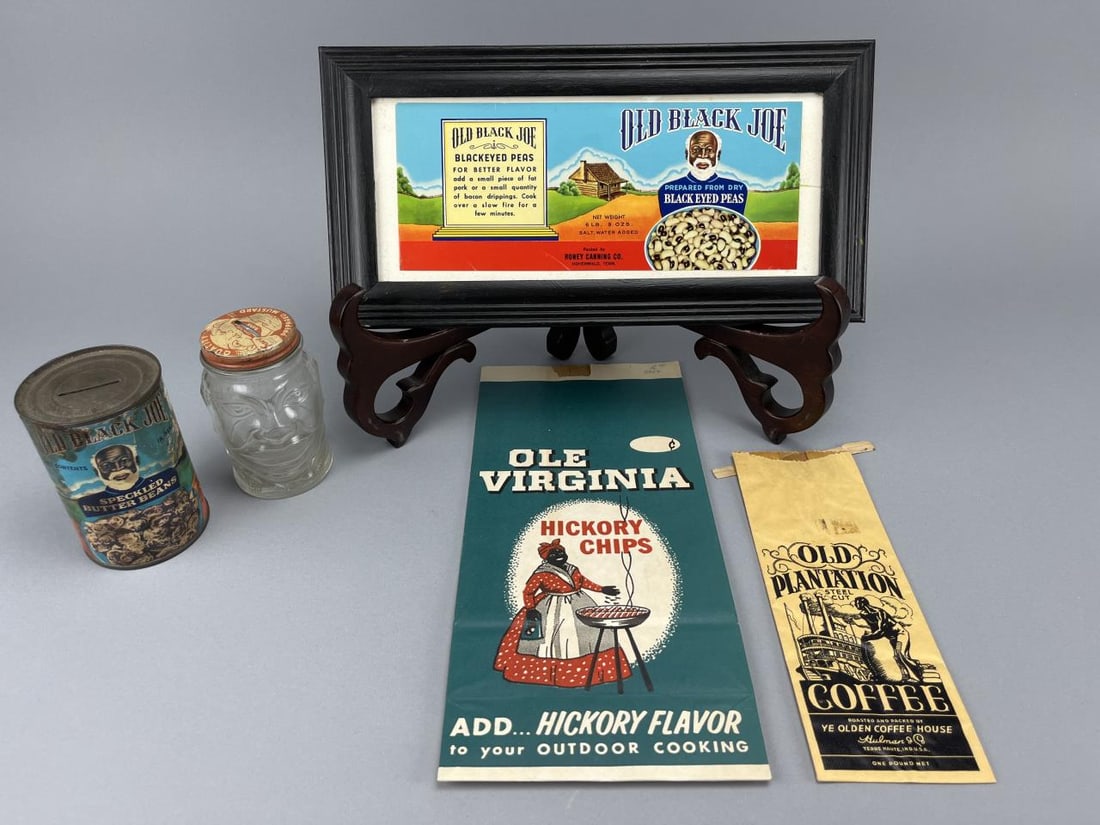 1930s Lucky Joe Bank & Old Black Joe Bank: 1930's Lucky Joe Bank - Nash's Mustard Black Americana figurative glass jar - measures 4.5" tall, 1920's Old Black Joe Speckled Butter Beans Bank with original key - measures 4.5" tall, unused vintage