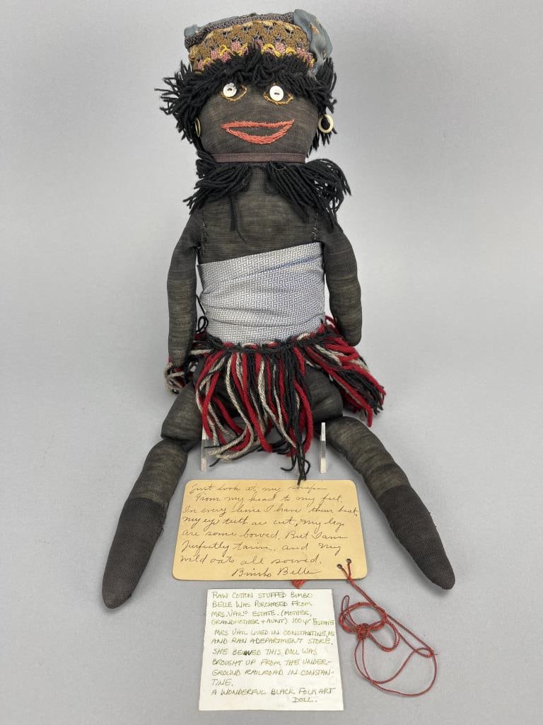 Antique Folk Art Doll "Bimbo Belle": Antique folk art Black Americana doll filled with raw cotton - measures 18" tall SHIPPING: In-H