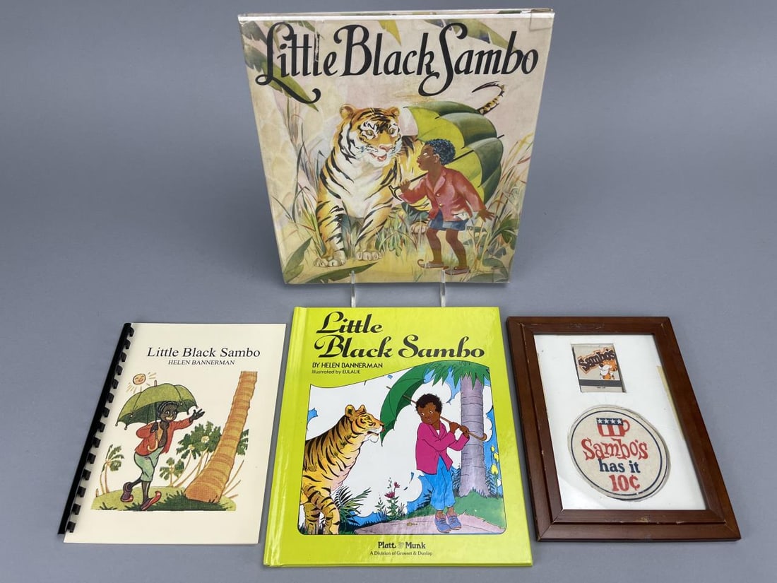 Little Black Sambo Books Sambo's Coaster & Matches: Black Face Collectibles: Three Little Black Sambo by H. Bannerman Books, 1)Ring bound 8-1/2" soft book, 2)Platt & Munk 1972, illustrator Eulalie, 9-1/2", 3)Saalfield Pub. Co., illustrator F.H. William