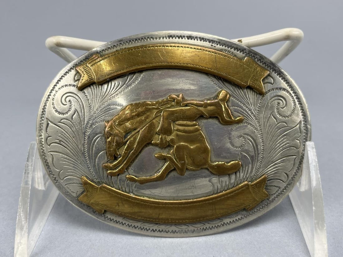 1970's G Silver Bull Rider Rodeo Trophy Buckle: Vintage G Silver Bull Rider Riding pro rodeo trophy cowboy belt buckle - German silver 2.75" x 3.75".