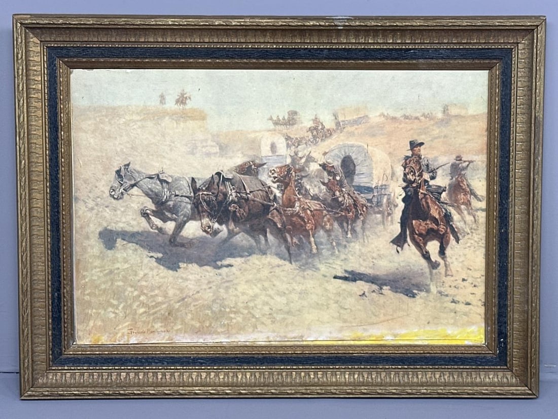 Reproduction of Frederick Remington Western Pic: Reproduction of western cavalry by Frederick Remington - some issues on edge of image - framed and measures 29" x 21".