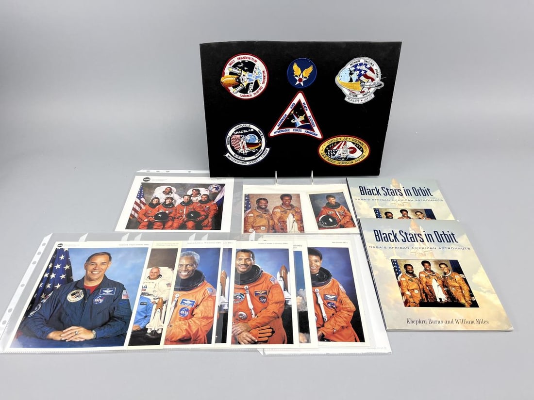 NASA Space Mission Patches Black Stars in Orbit: 5 NASA space mission patches, STS-8 Challenger, STS-51L, STS-39, STS-61A, and STS-47 Space Shuttle Endeavor, 1 WWII Army Air Corp patch unused, NASA8" x 10" publicity photos of Black Astronauts, and t