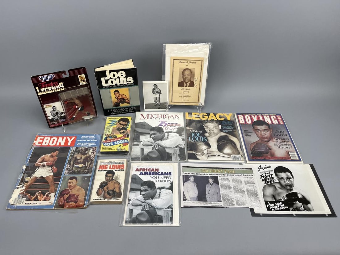 Joe Louis Ephemera: Stock photo from "The Fight Never Ends", 2 Joe Louis books, 1981 Memorial Service from his funeral, VHS tape of "The History of Joe Louis", Starting Lineup figurine (unopened), and 2 Ebony Magazines w