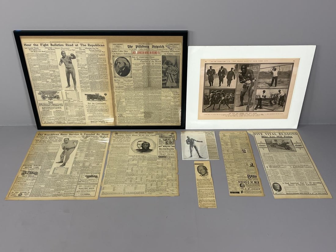 Original 1910 Newspapers Jack Johnson: Framed 24" x 36", mounted16" x 23", laminated 23" x 19" & various un-affixed original newspaper pages from 1910 Pittsburg Dispatch, Denver Republican & New York City Police Gazette.