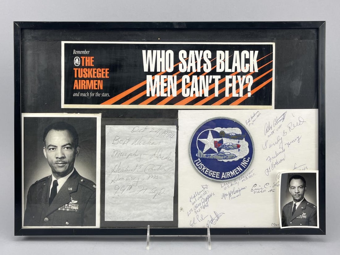 Framed Tuskegee Airmen Patch/Autographs: Framed image of Tuskegee Airmen, Lt. Col. Herbert Carter member of the 99th Fighter Squadron, a personal message from him with his signature, and a patch with 13 signatures from Tuskegee Airmen - meas