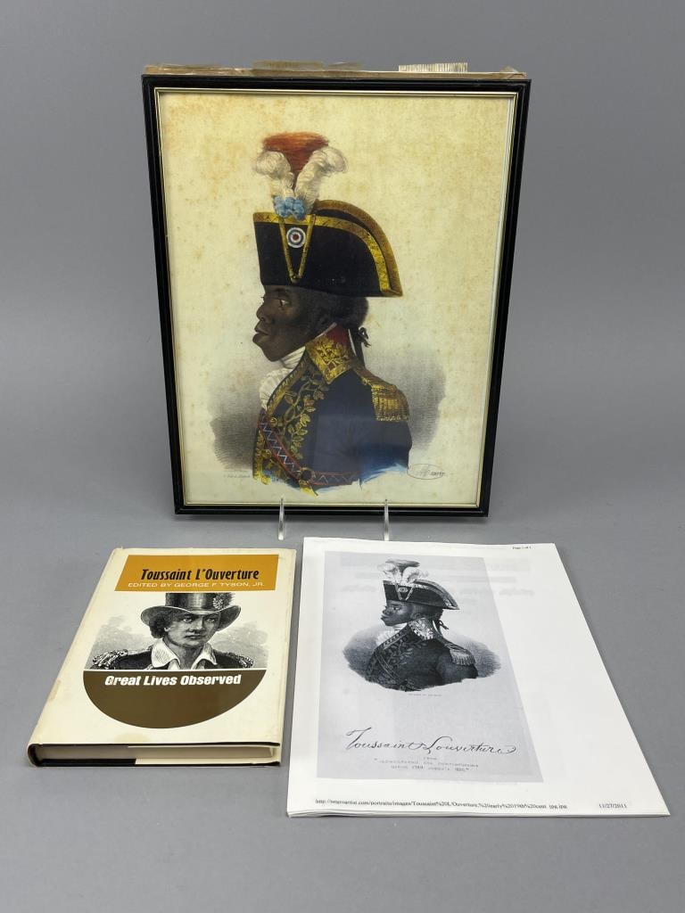 Book Portrait and Research Toussaint L'Ouverture: Toussaint L'Ouverture book from Great Lives Observed series1973, edited by George F. Tyson, Jr., Print of 1838 portrait by Francois Seraphim Delpeche, commissioned for William Lloyd Garrison's Liberat